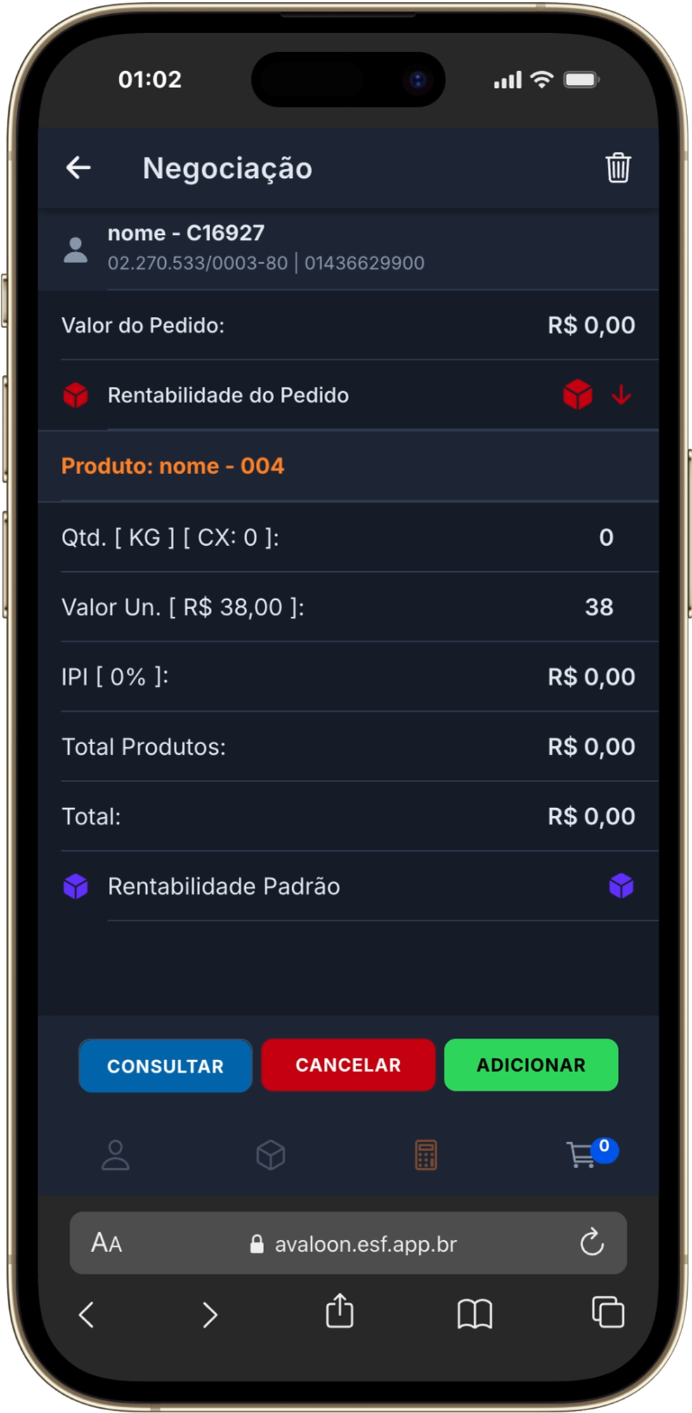 Tela de negociação com rentabilidade do pedido