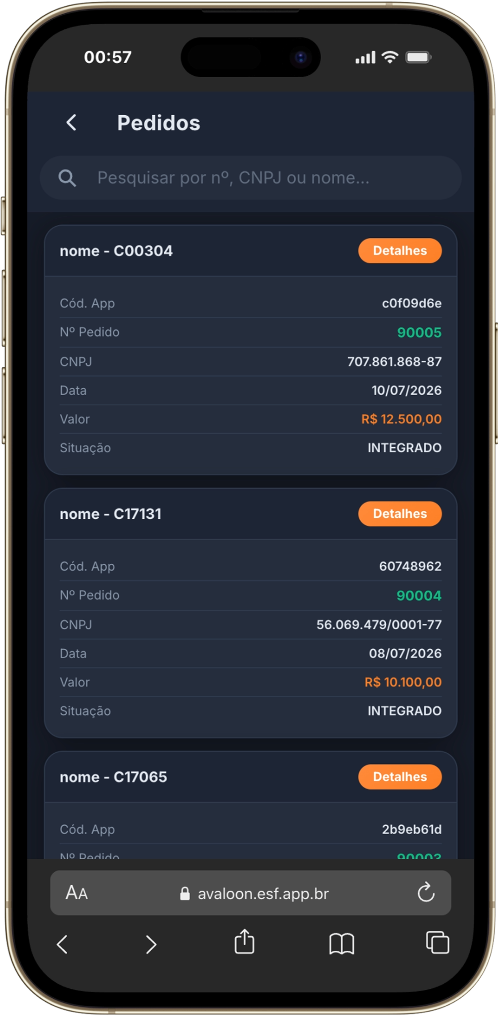 Lista de pedidos integrados ao ERP